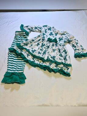 St Patricks Green Floral Ruffle Dress & Striped Leggings Set.  12-18 months.